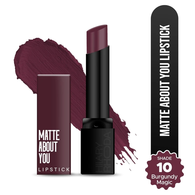 Hilary Rhoda Matte About You Lipstick | Long Lasting & Highly Pigmented Lipstick | Glides Smoothly | Matte Finish | One Stroke Application | Cruelty-Free & Vegan - 3g (Burgundy Magic - Shade 10) - Thumbnail 2
